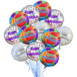 Cluster of colorful "Happy Anniversary" balloons on strings
