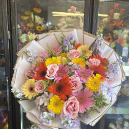 Gerbera Daisy Mixed Color Bouquet with Purple Stock