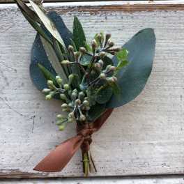 Small boutonniere with eucalyptus and a brown ribbon tie