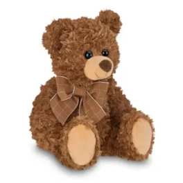 Brown teddy bear with a plaid bow sitting on a white background