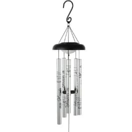 Black and silver memorial wind chime with engraved tubes and a dove charm