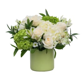 White roses and hydrangeas in a green vase