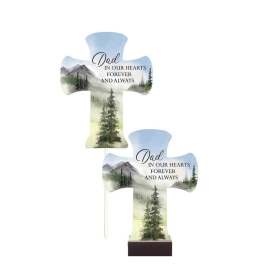 Two memorial cross signs reading "Dad in our hearts forever and always"