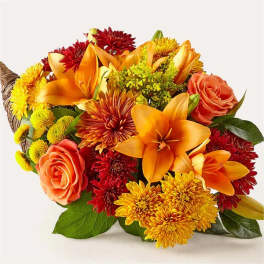 Bouquet of orange lilies, roses, and red and yellow chrysanthemums