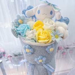 Plush bunny bouquet with pastel roses and daisies in a gray wrap