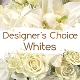 White roses and calla lilies with "Designer’s Choice Whites" text
