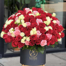 Large bouquet of red, pink, and white roses in a black box