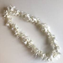 White flower lei on a plain light background