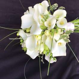 Bouquet of white calla lilies with long grass accents