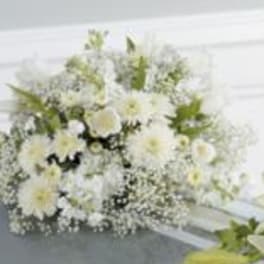 White floral arrangement with daisy-like blooms and baby's breath