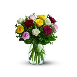Mixed roses in a clear glass vase