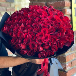 Large bouquet of red roses wrapped in black paper with a red ribbon