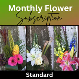 Monthly flower subscription graphic with three tropical floral arrangements
