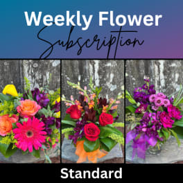 Weekly flower subscription graphic with three colorful bouquet examples