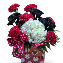 Red and black carnations with white hydrangea in a decorative box