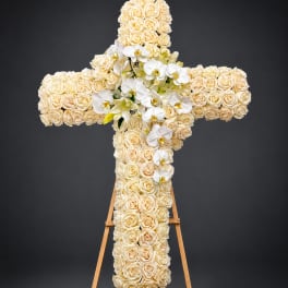 White Rose Cross with Orchids
