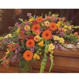Colorful floral casket spray with orange gerbera daisies and yellow blooms