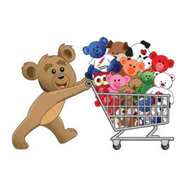 Cartoon bear pushing a shopping cart full of teddy bears