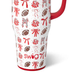 Red-lidded travel tumbler with straw and football-and-bow pattern