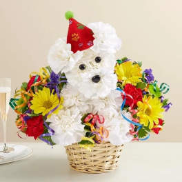 White flower dog arrangement in a wicker basket with a red party hat