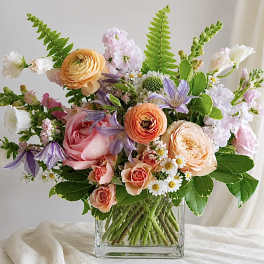 Mixed pastel bouquet in a clear glass vase
