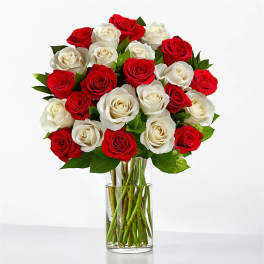 Bouquet of red and white roses in a clear glass vase