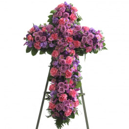 Cross-shaped floral standing spray with purple and pink flowers