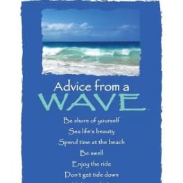 Blue beach-themed wall art with ocean wave photo and inspirational advice text