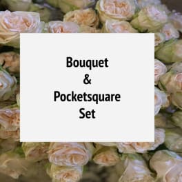 Blush peach roses filling the frame with centered text reading Bouquet and Pocketsquare Set