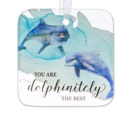 Decorative hanging plaque with two dolphins and the words "you are dolphinitely the best"