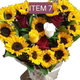 Bouquet of sunflowers and red, yellow, and white roses in white wrap