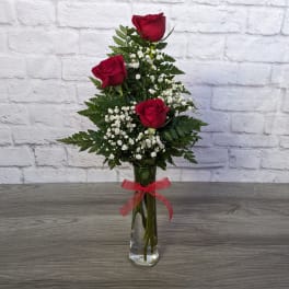 Three red roses in a clear glass vase with baby's breath