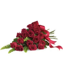 Bouquet of red roses with a red ribbon