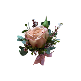 Single blush rose with small pink-white filler flowers and a pink ribbon