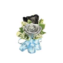 Corsage black and white roses-blue ribbon