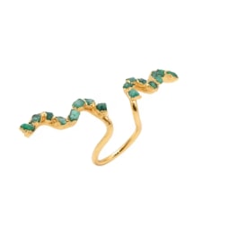 Gold ring with two green stone accents