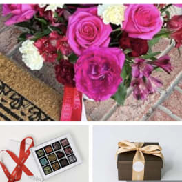 Pink rose bouquet with mixed flowers and a ribbon, plus boxed chocolates below