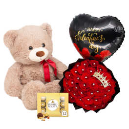 Teddy bear with red ribbon, heart balloon, red rose bouquet, and chocolate box