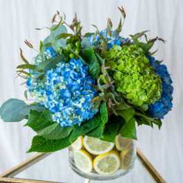 Blue and green hydrangea bouquet in a glass vase with lemon slices
