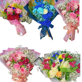 Five colorful bouquets with roses and baby’s breath, wrapped in pastel paper