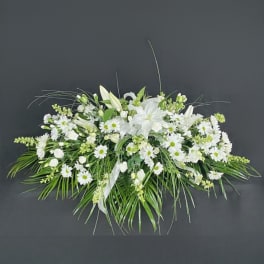 Elongated white lily and daisy spray with trailing palm fronds on a dark background