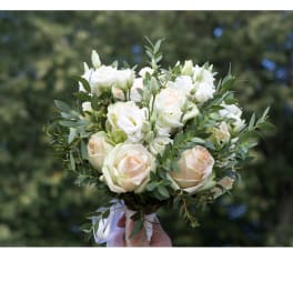 White and blush rose bouquet with eucalyptus greenery