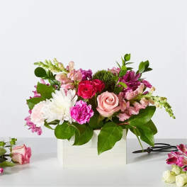 Pink and white mixed flower arrangement in a white box