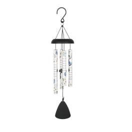 Black hanging wind chime with floral-patterned tubes