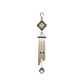 Decorative hanging wind chime with metal tubes and ornate frame