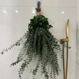 Hanging bundle of eucalyptus greenery tied with twine