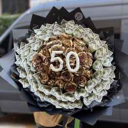 Bouquet of gold roses and dollar bills with a "50" topper