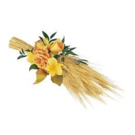 Yellow roses with a yellow daffodil and dried wheat spray