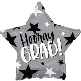 Gray star-shaped balloon with "Hooray Grad!" text