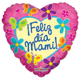 Heart-shaped pink balloon with butterflies and "Feliz dia Mami" text